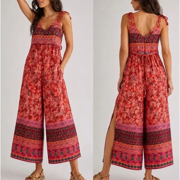 Free people Cabbage Rose Jumpsuit Size XS Boho Oversized Woemn's Pink Orange - Image 2