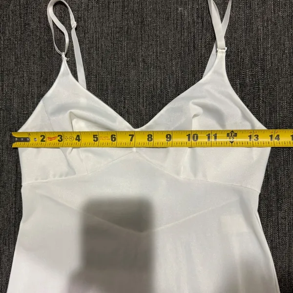 Vintage White Full Slip Lace‎ Trim Adjustable Spaghetti Straps V-Neck Mid-Length - Image 11