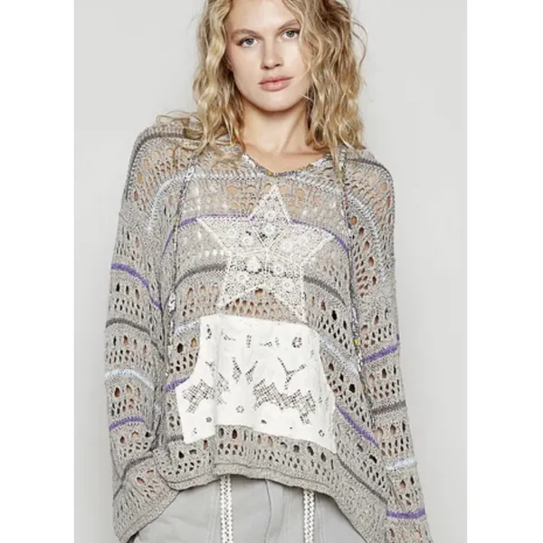 POL Crochet Open Knit Hoodie Gray Boho Mesh Sweater Cottagecore Granola Bohemian - Image 7