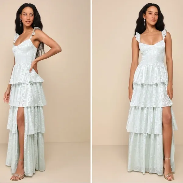 LULU's Flirty Floral Roses Prom Wedding Formal Event Sexy Tiered Ruffles Maxi - Image 3