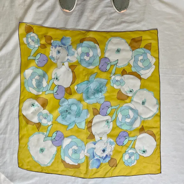 vintage yellow blue white floral scarf square poly chiffon - Image 6