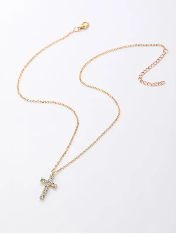 Gold Alloy Crystal Cross Pendant Necklace Cable Chain Lobster Clasp 15.75" Adj - Image 5