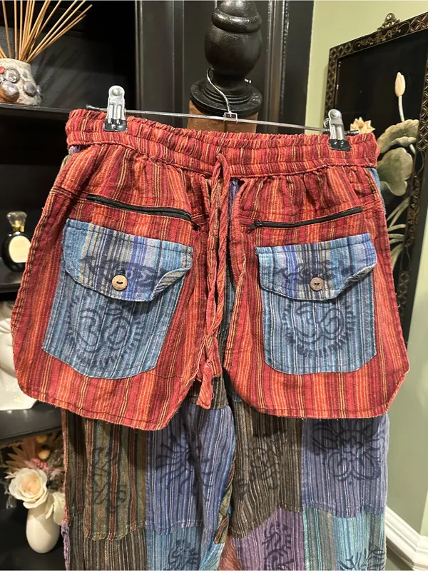 Hippie Patchwork Cotton Pants – Size Small Red - Image 2