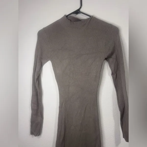 Long-Sleeve Asymmetric Midi Dress in Taupe - Image 4