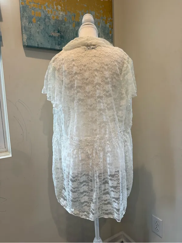 White Lace Draped Open Front Cardigan Size L - Image 3