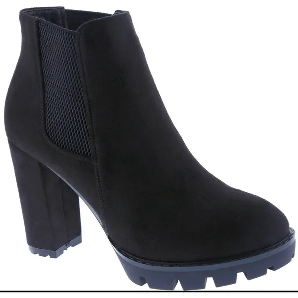 Women‎ New Black Faux Suede Lugged Block Heeled Boots Elastic Band Pull On 7.5 - Image 6