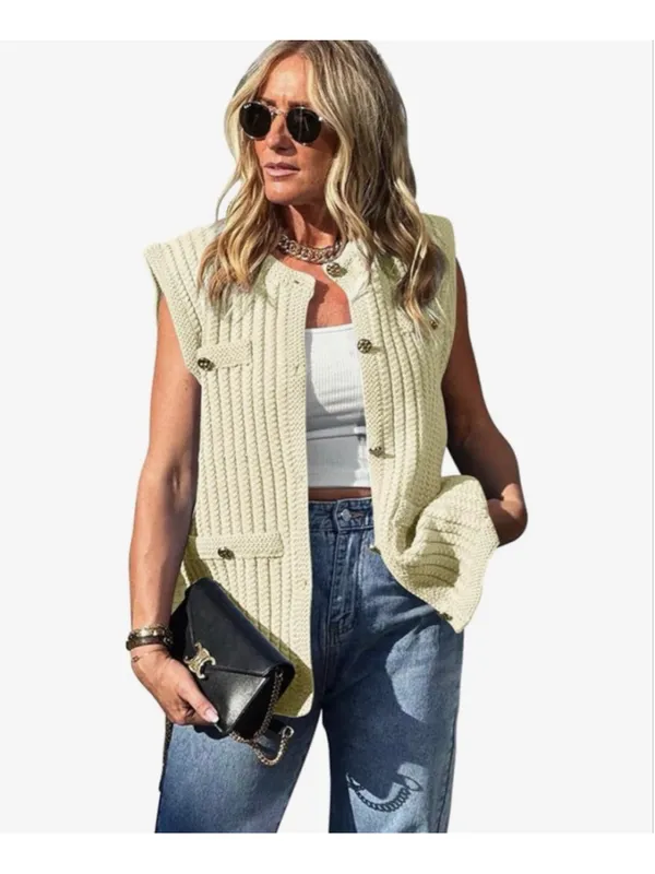NEW Chunky Knit Top Sleeveless Button Down Trendy Cardigan Sweater M - Image 5