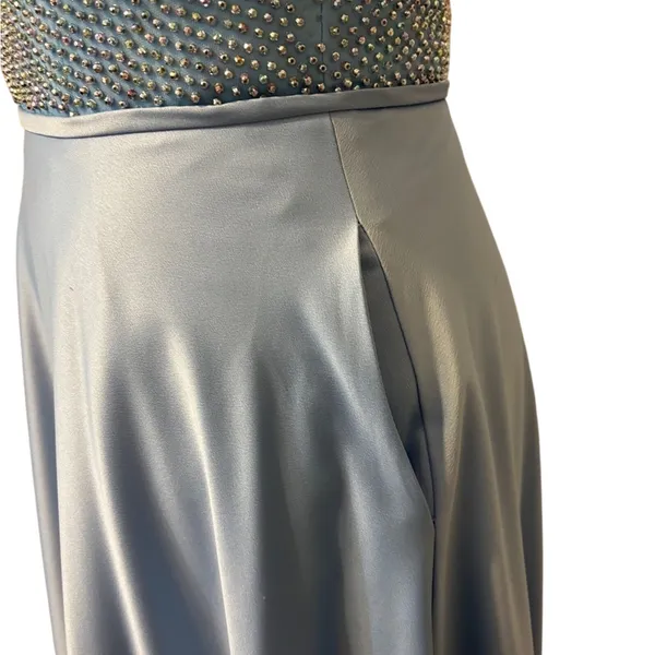 La Femme Light Blue Beaded High Neck Cut Out Satin A-Line Formal Prom Dress 4 - Image 3