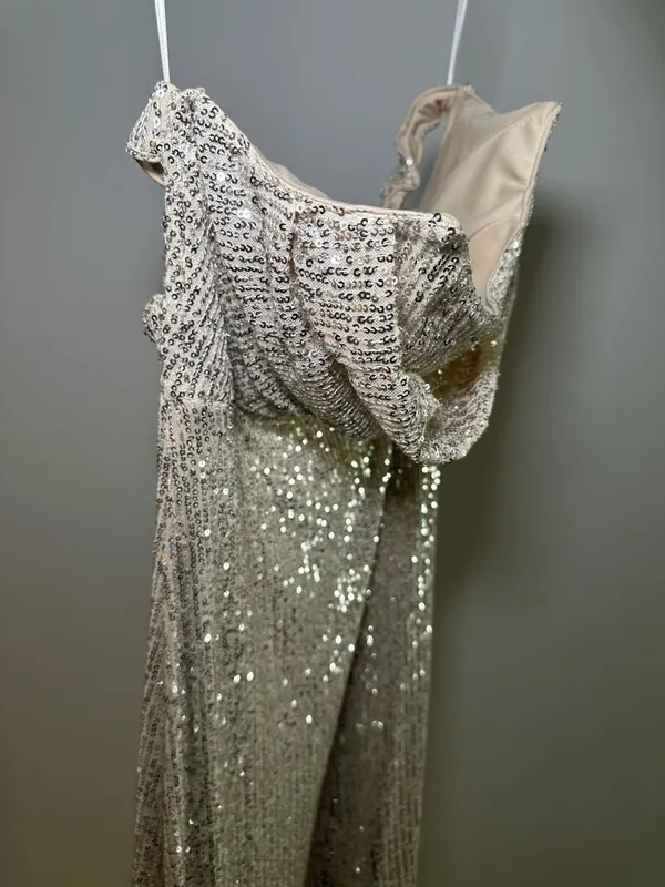 Hello Molly Sequin Strapless Maxi Dress Beige Size L - Image 4