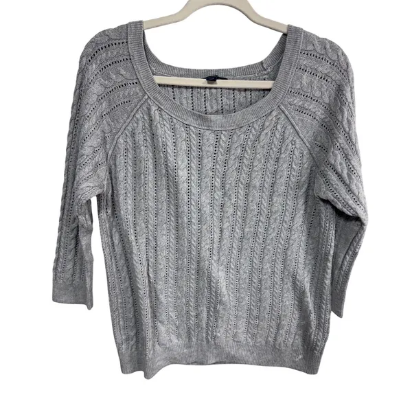 American Eagle XL Gray Sweater Women's Cable Knit Scoop Neck 3/4 Sleeve‎ - Image 2