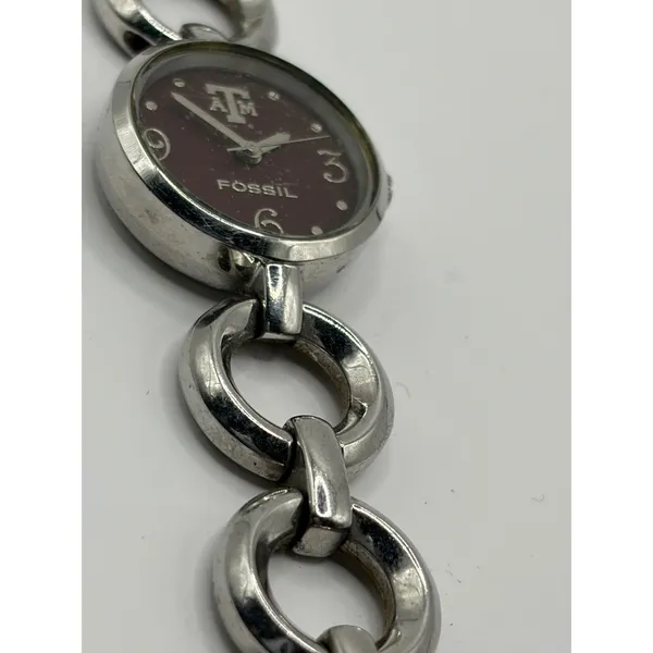 Fossil College Collection Texas A‎ & M Logo Maroon Face Silver Chain Watch - Image 7