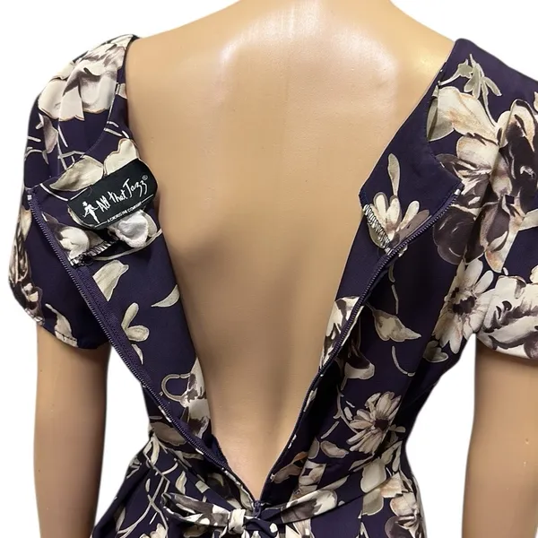 Vintage All That Jazz Plum Cream Floral Print Short Sleeve Zip Tie Back Dress M - Image 10