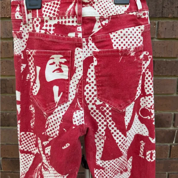 Edikted Andy Print Red White Face Novelty Print Flare Bell Bottom Jeans Size XS - Image 10