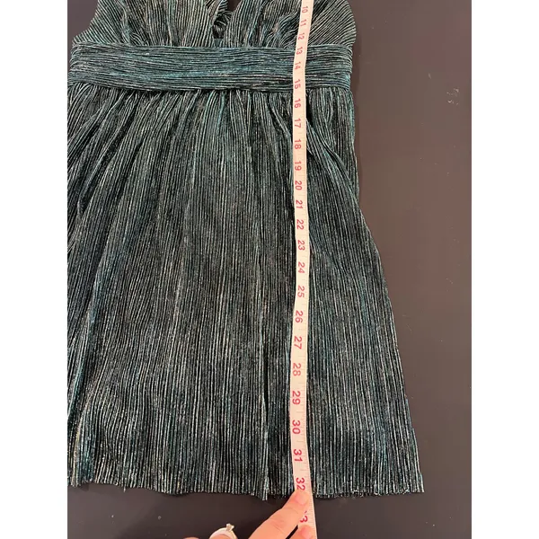 Lulus Mini Dress Womens Size M Teal Blue Silver Metallic Pleated V-Neck Great - Image 7