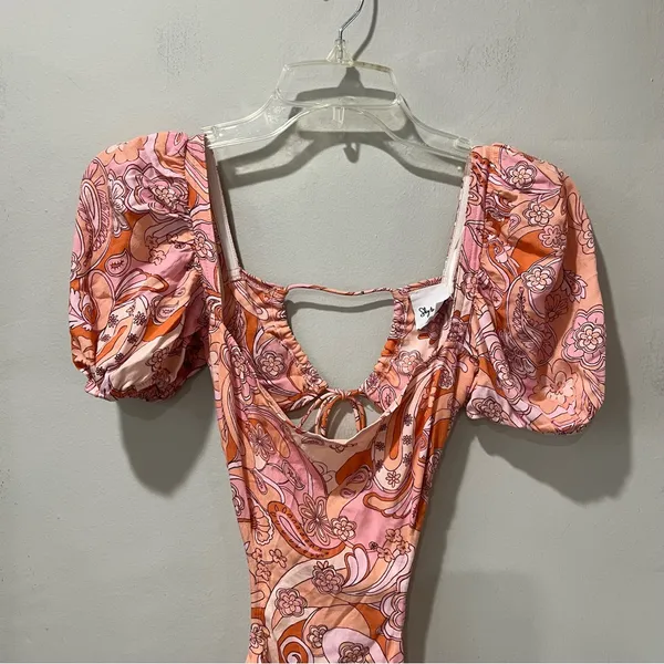 Sky To Moon Women’s Pink Peach Floral‎ Mini Dress Size Small Funky Boho 7… - Image 4