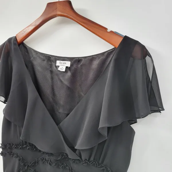 VTG Liz & Co Cocktail Dress Womens 8 Black Ruffled Detail V-Neck Flutter Sleeve - Image 11