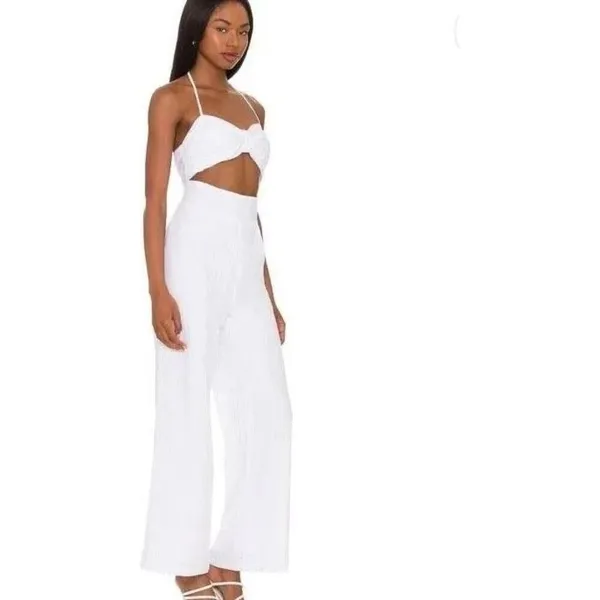SNDYS Revolve White Jumpsuit Open Front Wide Leg Small 100% Cotton #1000 - Image 13