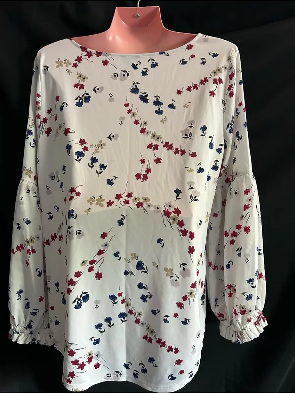Ann Taylor White Floral Bell-Sleeve Blouse Red, Navy & Tan Print LG - Image 9