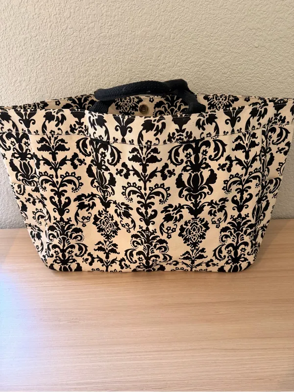 Canvas Damask Tote Bag in Black and Cream - Image 5
