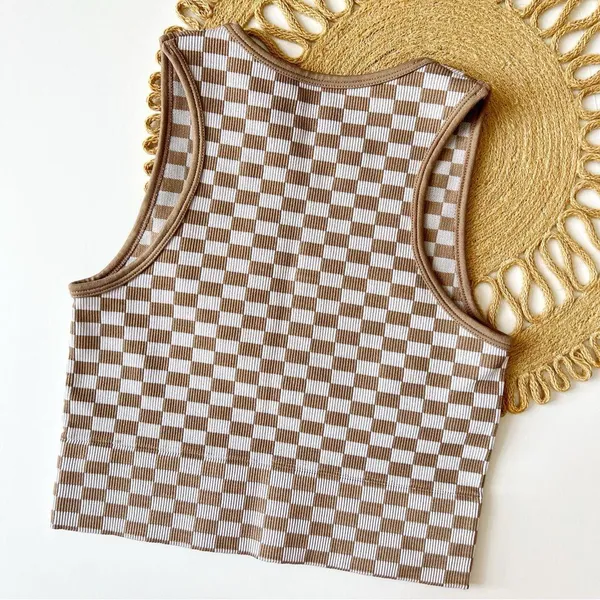 Aura Tan & White Checkered Crop Tank Top - Image 4