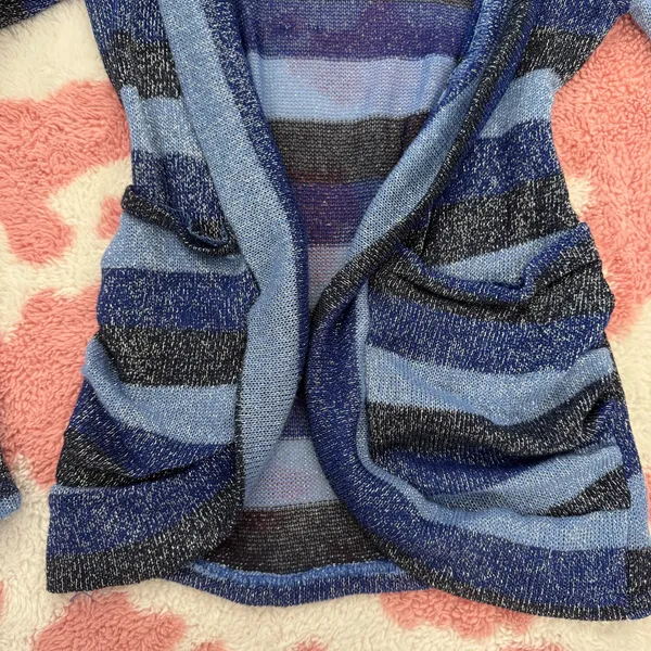 Y2K Metallic Lurex Shimmer Striped Cardigan | Fairy Grunge Coquette Sparkle Knit Sweater Blue Open Front Small - Image 5