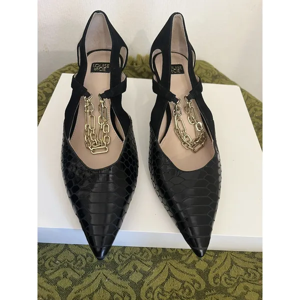 Louise et Cie Lo-Fiana Black Leather & Suede Chain Strap Pumps Heel Size 8.5 - Image 5