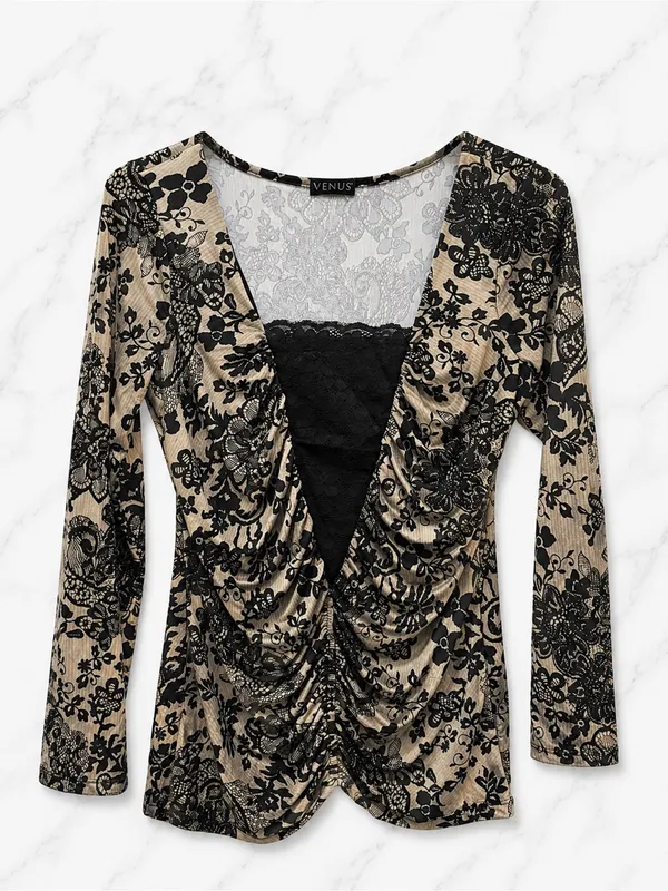 ⁠VENUS Ruched Front Lace Trim V-Neck Long Sleeve Top Black Nude Beige | Small - Image 2