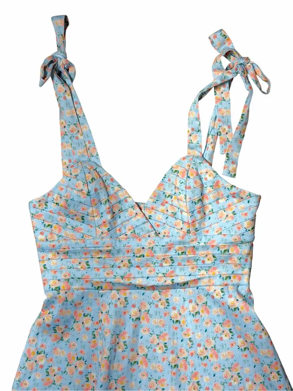 Lavish Lice Blue Floral Pleated Tie Strap Cotton Blend Midi Dress Womens 12 - Image 3