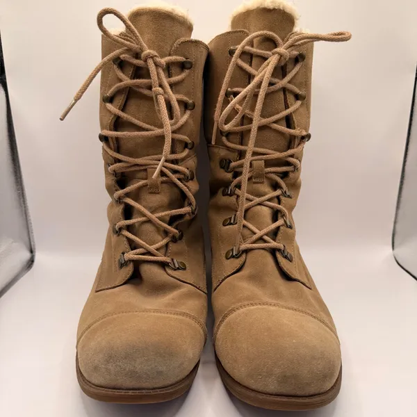 UGG Gradin Tan Suede Shearling Lined Lace Up Combat Boots Mid Calf Women US 9.5 - Image 3