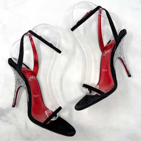Christian Louboutin Arch Queen Strass Suede Stiletto Sandal Heels Sexy Black 38 - Image 8