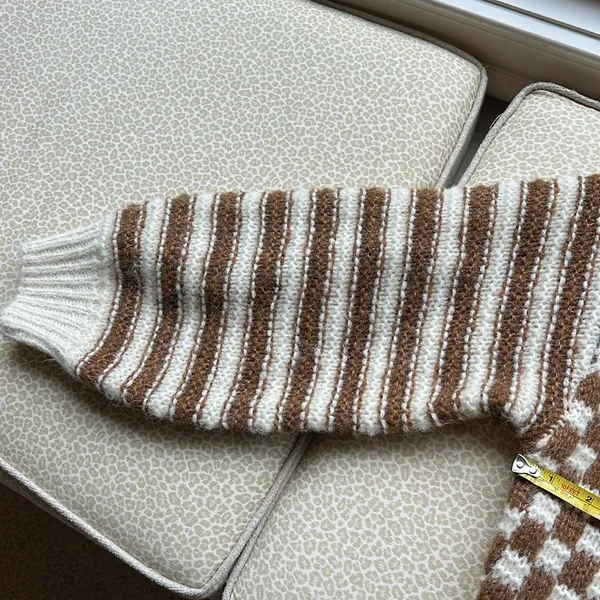 NWOT Blu Pepper Cream & Brown Checkerboard & Striped Sweater Sz S Puffed Sleeve - Image 9