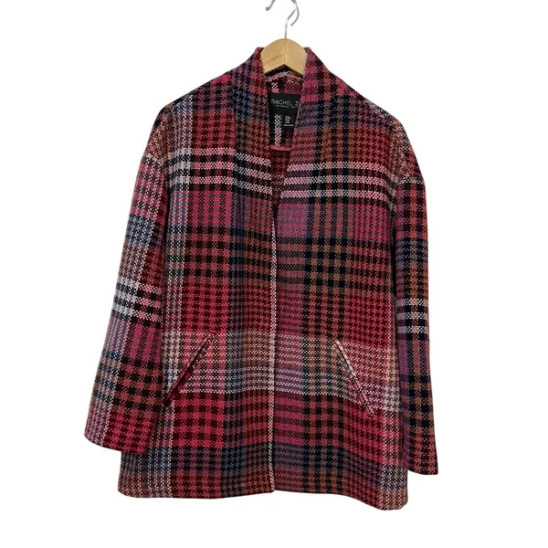 Rachel Zoe Plaid Tweed Wool‎ Blend Coat Pink Check Longline Jacket Size M - Image 2