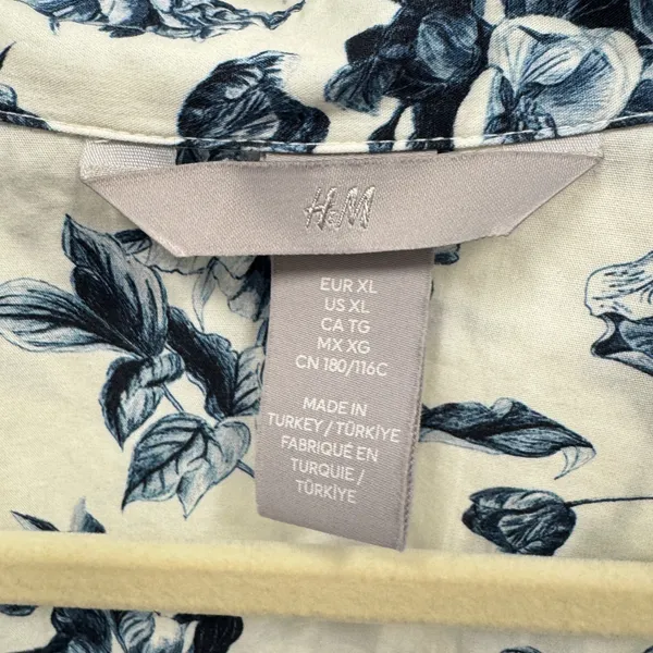 H&M Floral Cotton Shirt Tunic Dress XL Button Down Long Sleeve Belted Blue White - Image 7