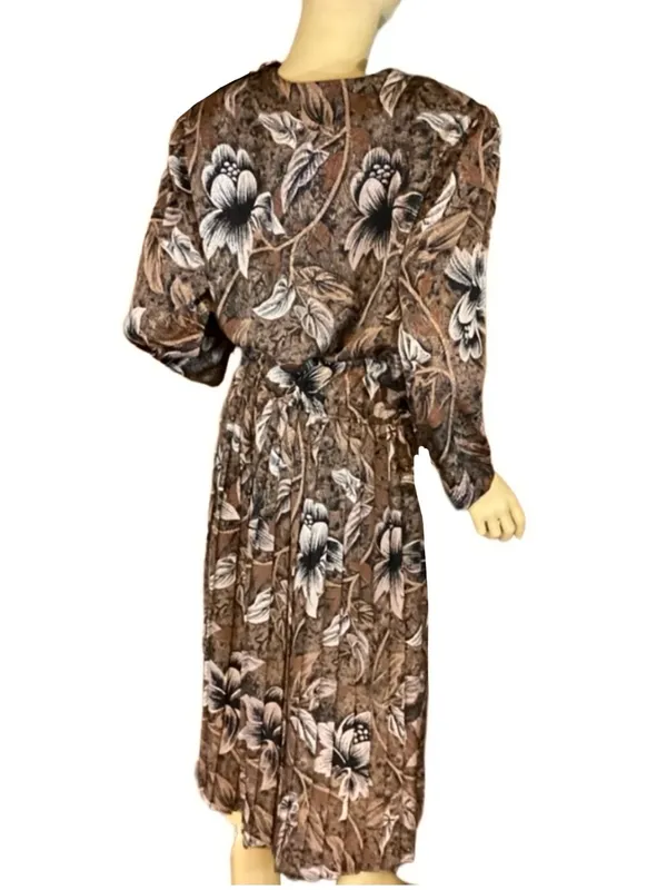 Vintage 1980'S Alexis Fashions Brown & Black Floral Print (L) - Image 4