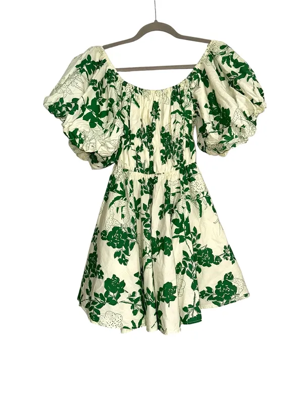 & Merci Puff Sleeve Green Floral Cotton Fit and Flare Mini Dress SMALL - Image 3