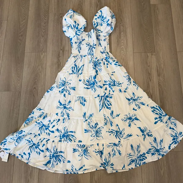 Commense Girly Cottage Fairy Puff Sleeve Twist Detail Midi Dress Blue M - Image 4