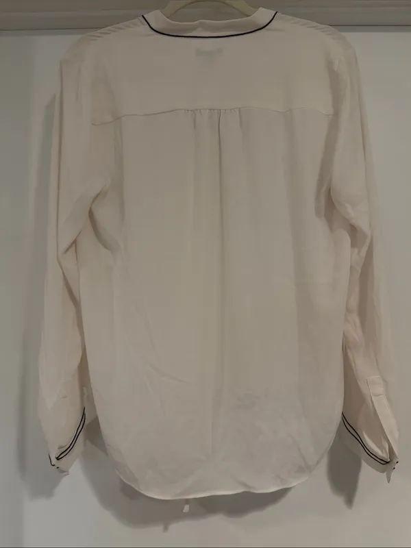 Ann Taylor Cream Long-Sleeve Lace-Up Blouse with Contrast Trim - Image 7