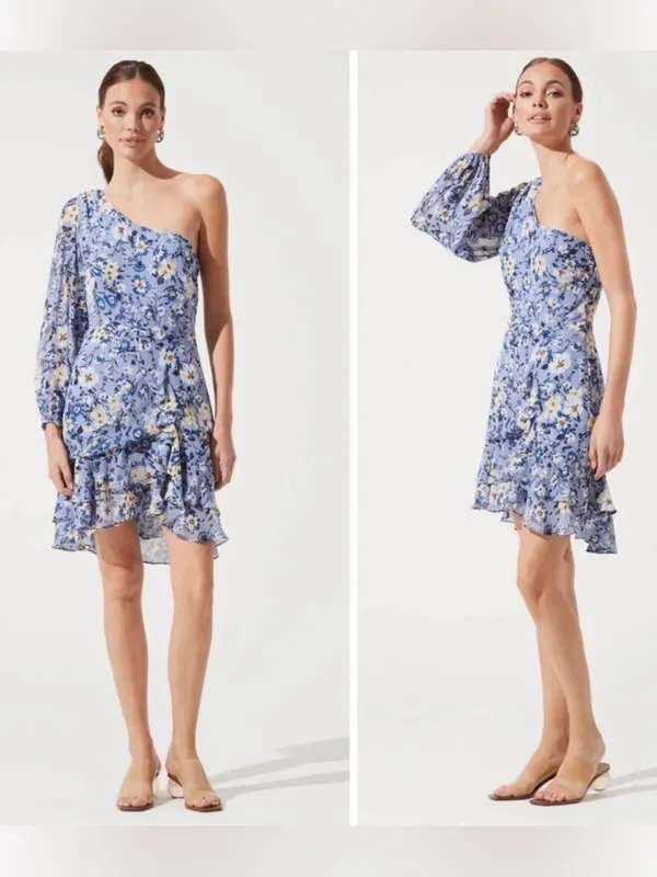 ASTR Floral One Shoulder Periwinkle Ruffle Mini Dress Size Large - Image 7