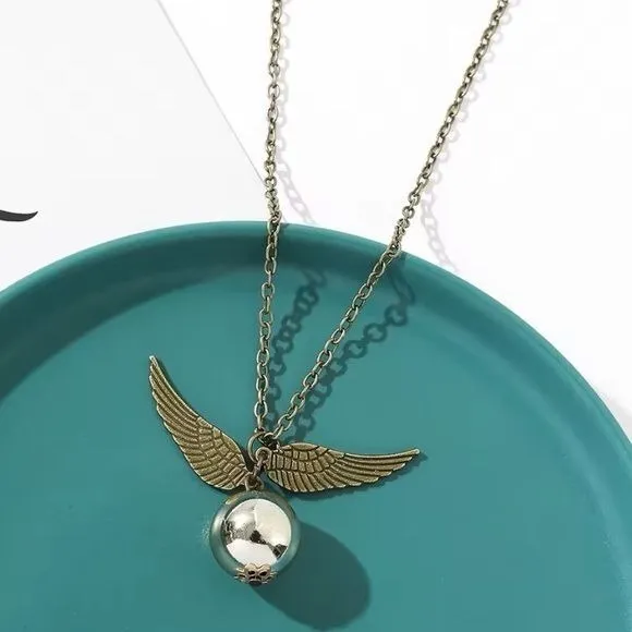 Harry Potter Golden Snitch Inspired Wing Pendant Necklace Fantasy Jewelry Bronze - Image 2