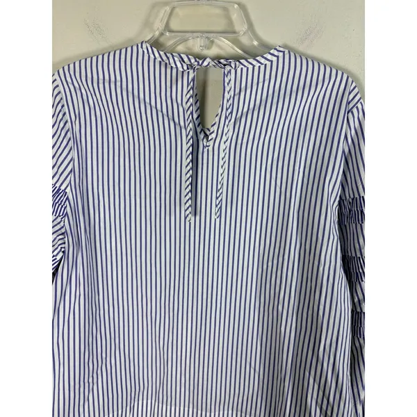 J.Crew Ruffle Stripe Blouse Womens 10 Blue‎ White Excellent Cotton Keyhole Tie - Image 8