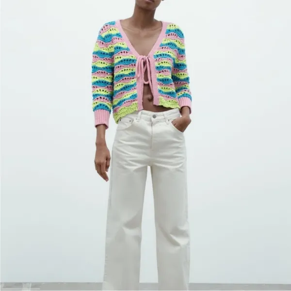 Zara Chunky Crochet Striped Front Tie Cardigan Retro Boxy Vibrant Y2K Sz M - Image 5