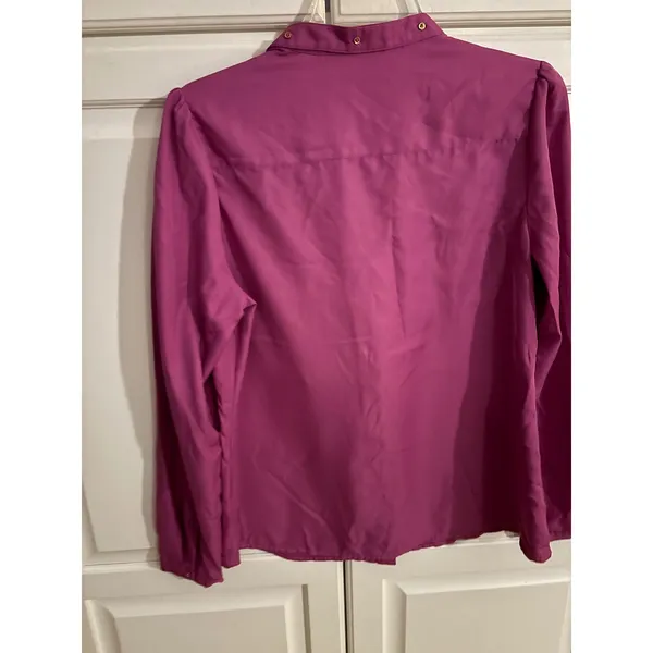 The Limited Magenta‎ Purple Split Neck Long Sleeve Blouse Gold Stud Detail Large - Image 4