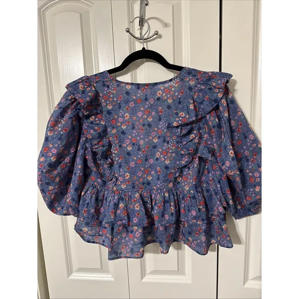 Karlie Blue Floral V Neck Crop Top Size Medium Hippie Boho 3/4 Sleeve - Image 5