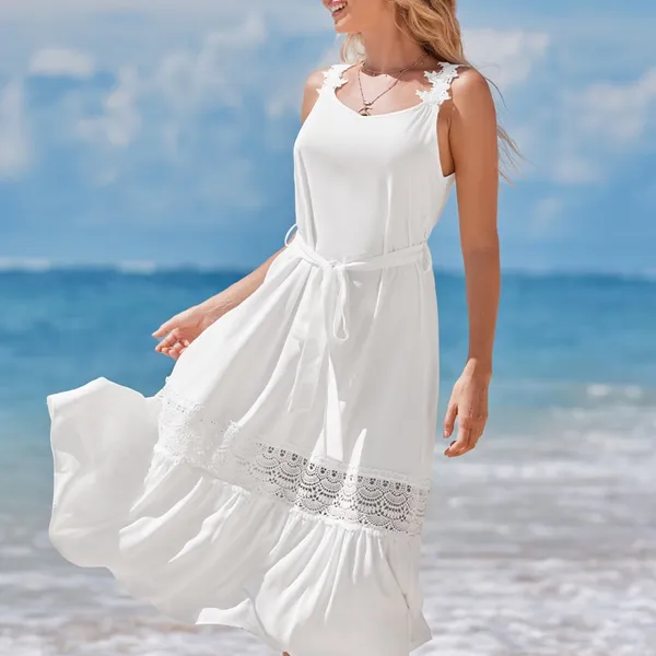 Cupshe Powder Lace & Tie Midi Summer Dress White Small NWT Minimalist Vacay Feminine - Image 6