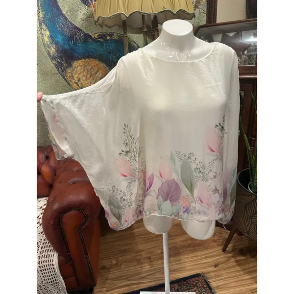 Viola Borghi Italy 100% Silk Floral Boho Kimono Blouse Top White Pink L Large - Image 4