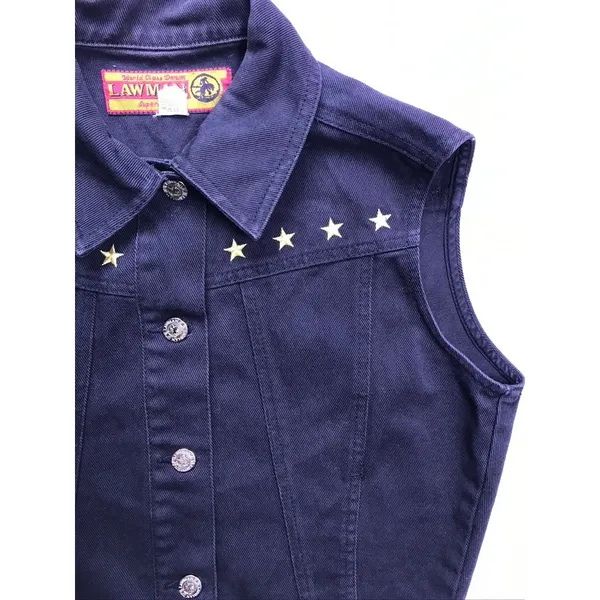 Vintage Lawman Denim Vest Womens Medium Black Gold Star Studded Western Cowgirl - Image 5