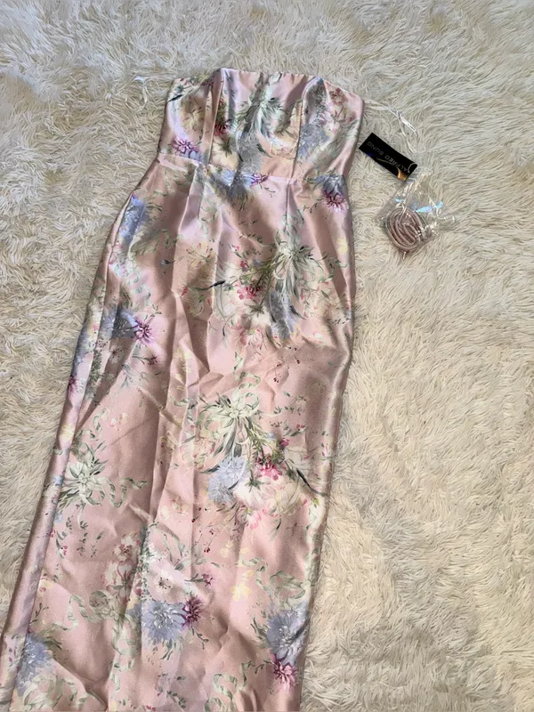 NEW Alfred Sung Jacqueline ESME Floral Pink Strapless Satin Twill Column Gown 8 - Image 5