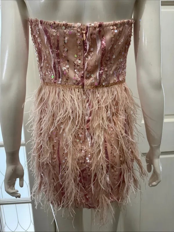 BELLA BARNETT Strapless Pink Sequin & Feather Cocktail Dress Size Small - Image 13