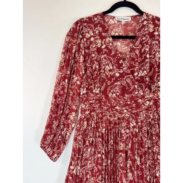 En Saison Womens Dress Red Maxi V Neck Floral Puff Sleeve Pleated Fairycore XS - Image 8