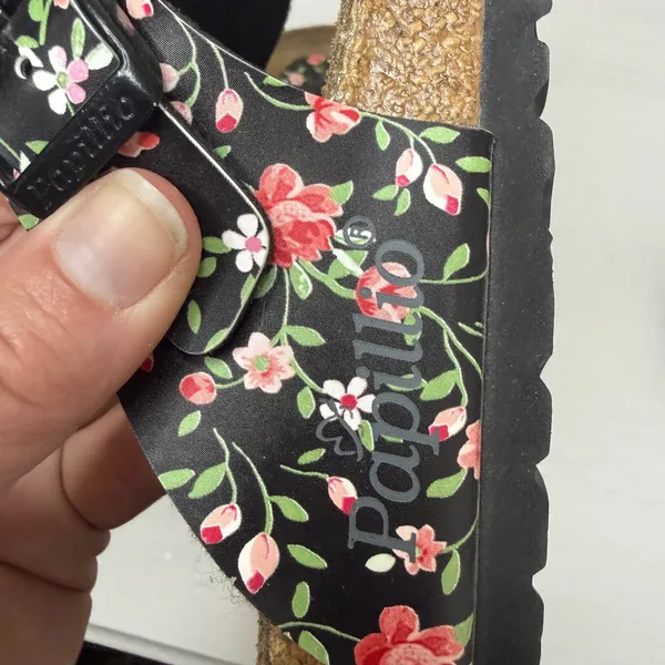 Birkenstock Papillio Black and Pink Floral Sandals with Cork Footbed Sz 6-6.5 - Image 11